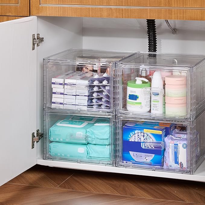 Vtopmart 4 Pack 18QT Clear Stackable Storage Drawers,Easily Assemble Closet Organizers,Plastic Storage Bins for Bathroom,Cabinet,Kitchen Pantry,Under Sink Organization(Medium)