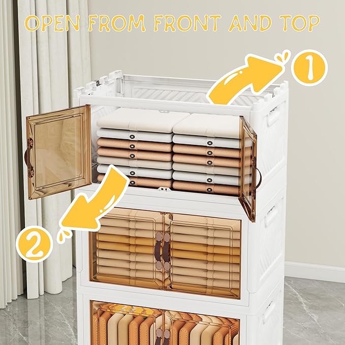 Storage Bins with Lids and Wheels, Collapsible Bathroom Storage Cabinet with Clear Doors, Plastic Stackable Closet Organizers and Storage Containers White 597 QT