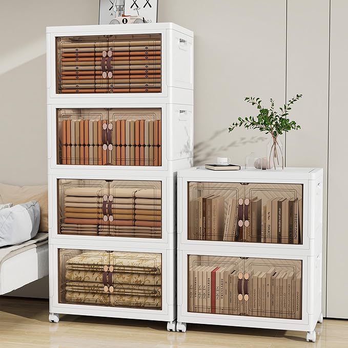 Storage Bins with Lids and Wheels, Collapsible Bathroom Storage Cabinet with Clear Doors, Plastic Stackable Closet Organizers and Storage Containers White 942 QT