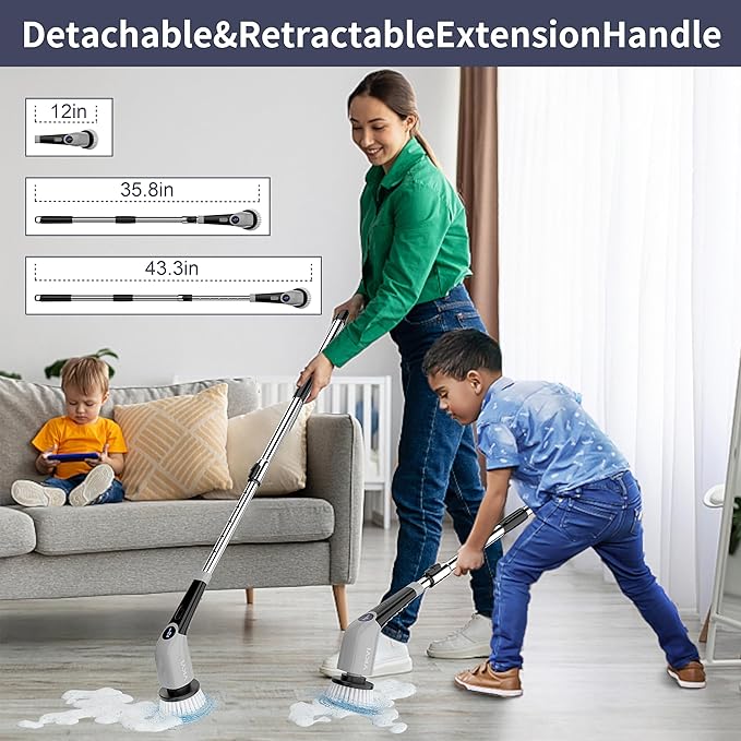 YKYI Electric Spin Scrubber,Cordless Electric Cleaning Brush,Power Scrubber with 8 Replaceable Brush Heads,3 Adjustable Speeds,Voice Broadcast,Shower Scrubber with Long Handle for Bathtub Tile Floor