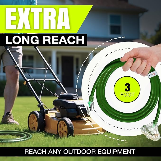 3ft Outdoor/Indoor Extension Cord 3-Outlet 12/3 Gauge Extra Heavy Duty ETL Listed, 3 Prong SJTW, Waterproof, Flexible Cold-Resistant Long Power Cord,15A 125V 1875W, Green by LifeSupplyUSA
