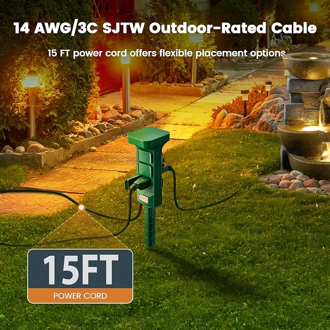 SURAIELEC Outdoor Power Stake Waterproof, 6 Grounded Outlets Power Strip Weatherproof, 15FT Extension Cord Outlet for Yard, Garden, Christmas Light, Patio Lights, Ponds, 1875W/15A, Green
