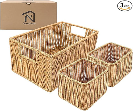 Wicker Basket with Handle, Shelf Baskets for Organizing, Woven Organization Storage with Handles, Resin Wicker Set of 3, Latte