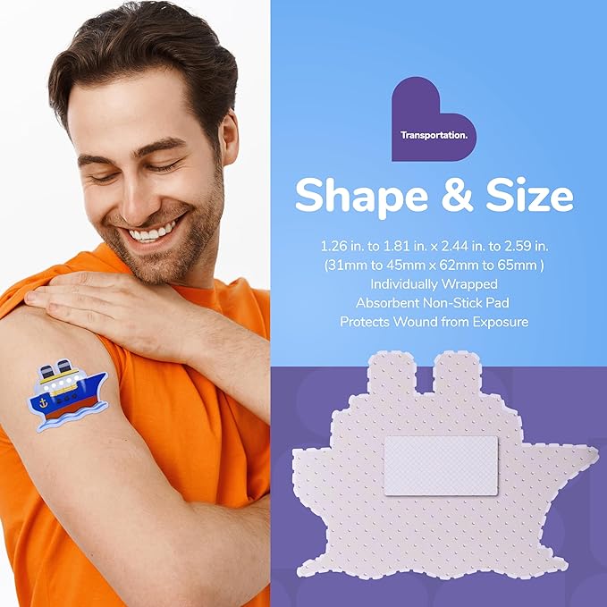 BioSwiss Kids Bandages, Transportation Shaped Self Adhesive Bandage Set, Latex Free, Sterile Wound Care, 50 Count