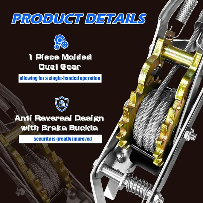 Come Along Winch 2-Ton with Two 1" x8FT Lifting Sling Heavy Duty Power Cable Come Along Tool with Dual Gears 7 Ft 2 Hooks Cable Winch Puller for Recovery Gear