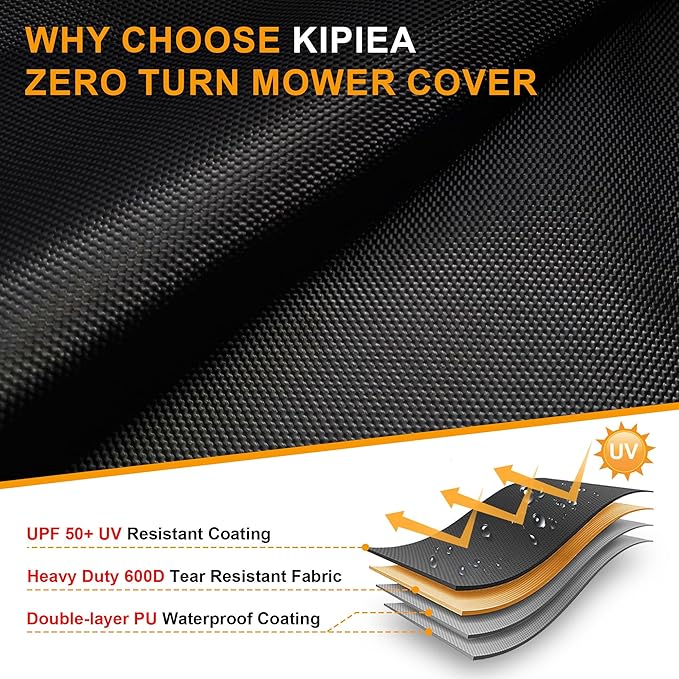Kipiea Zero Turn Mower Cover- 600D Heavy Duty Outdoor Zero Turn Lawn Mower Cover Waterproof Universal Fit with 4 Buckles, 2 Drawstrings and Storage Bag