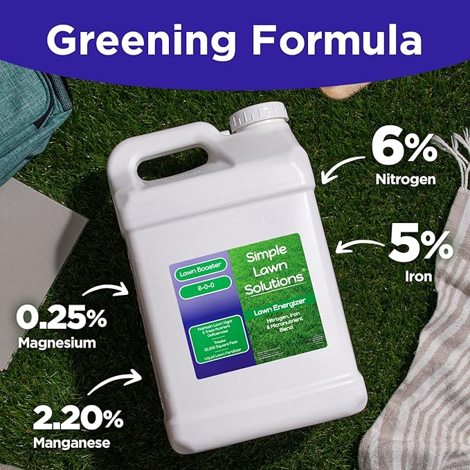 Commercial Grade Lawn Energizer- Grass Micronutrient Booster with Iron and Nitrogen- Liquid Turf Spray Concentrated Fertilizer- Any Grass Type, All Year- Simple Lawn Solutions (2.5 Gallons)