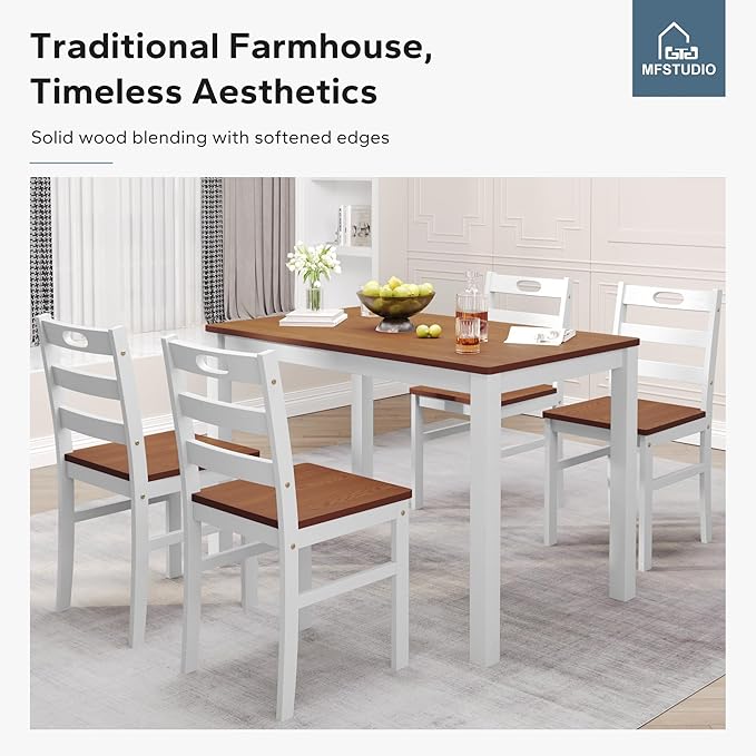 MFSTUDIO Dining Table Set for 4, 5-Piece Kitchen Table with 4 Chairs, Wooden Dining Room Table and Solid Wood Chairs, White Walnut