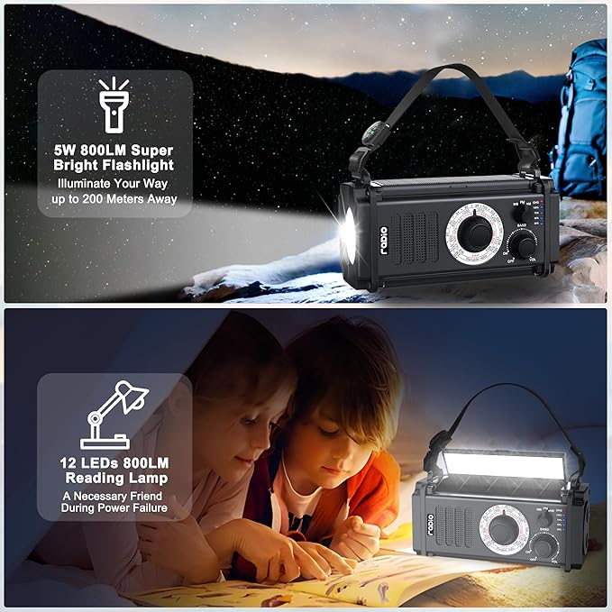 48100mWh Emergency Radio, Portable Solar Hand Crank Radio, AM FM NOAA Weather Radio, 800LM Crank Flashlight & Reading Lamp, Earphone Jack, Compass,SOS for Home Outdoor Camping Hurricane Storm Survival