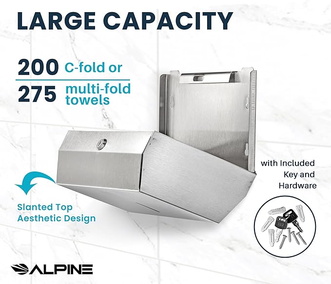 Alpine Commercial Paper Towel Dispenser Wall Mount for Multifold, Trifold & c Fold Paper Towel Holder - Stainless Steel Hand Towel Dispenser for Bathroom & Kitchen A