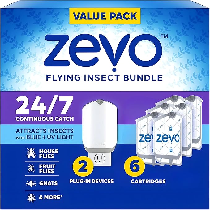 Zevo Plug-in Insect Trap – Captures Flies, Fruit Flies & Gnats Indoors – Mess-Free Protection (2 Devices & 6 Refill Cartridges)