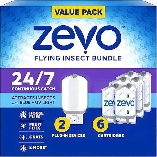 Zevo Plug-in Insect Trap – Captures Flies, Fruit Flies & Gnats Indoors – Mess-Free Protection (2 Devices & 6 Refill Cartridges)