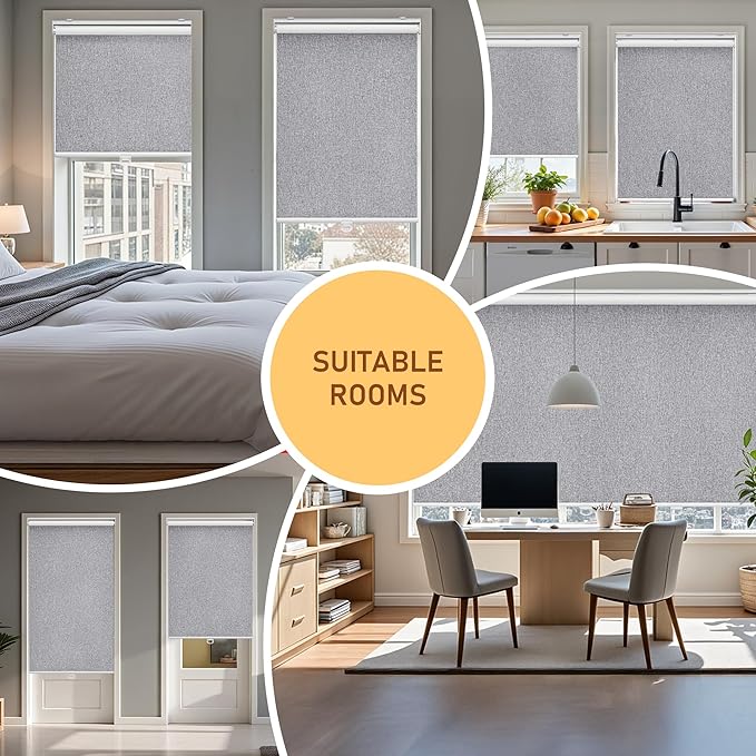 Cordless Roller Shades Blackout Blinds for Windows Room Darkening Rolled Up Shades with Spring System, UV Protection Natural Linen Fabric Window Shades Door Blinds for Home,15" W x 64" H, Heather Grey