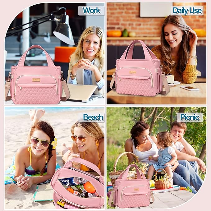 Lunch Bag Lunch Box Women - Insulated Lunch Tote Bag for Women Men, Leakproof Large Womens Lunch Bags for Work, Lunch Cooler Bag for Adult with Side Pocket for Picnic, Hiking, Beach (Pink)