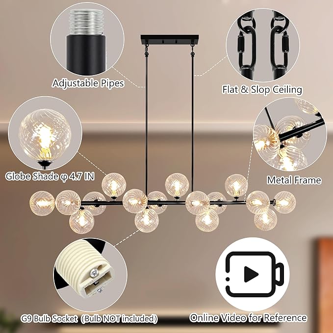 Large Chandeliers for Dining Room, 16-Light Modern Chandelier Sputnik Chandeliers Black Dining Room Light Fixture with Clear Globe Sputnik Ceiling Light Fixture Linear Chandelier over Kitchen Island