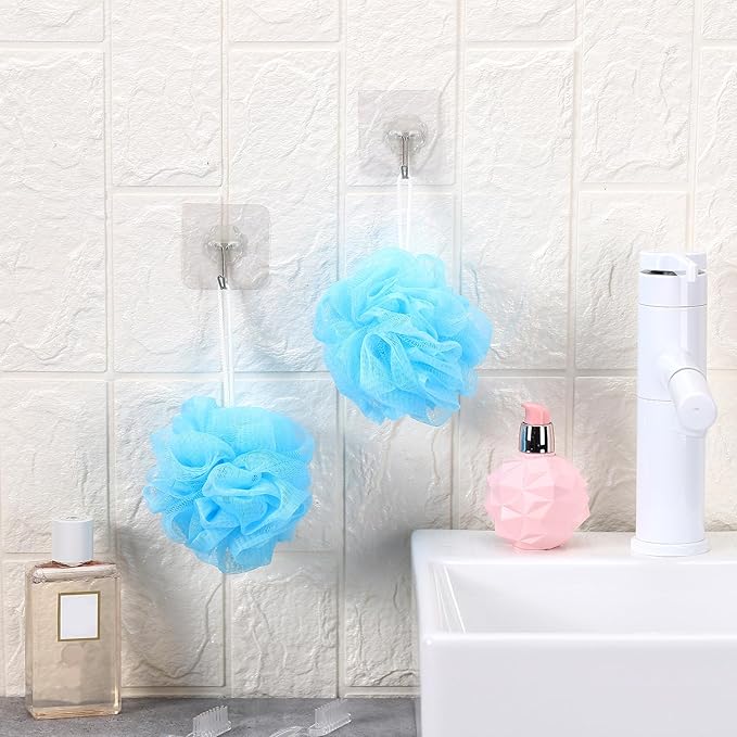 12 Pcs Travel Size Loofah Individually Wrapped, Small Shower Puff Bath Sponge Pouf Ball Bulk Mesh Bath Puff Mini Loofah Sponge with Case Bulk for Shower Care (25g,Blue)