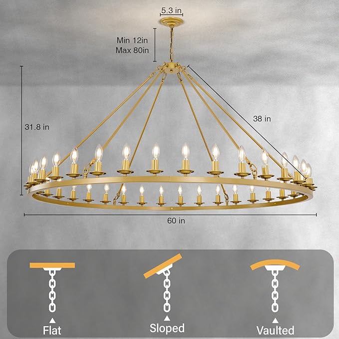 Wagon Wheel Chandeliers, 36-Light Gold Extra Large Modern Rustic Farmhouse Chandelier Adjustable Height Light for High Ceiling Living Room, Entryways, Foyer, Dining Room, Kitchen