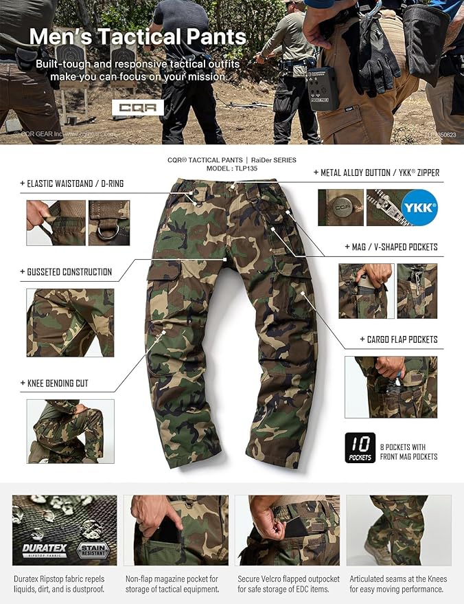 CQR Men's Tactical Pants, Water Resistant Ripstop Cargo Pants, Lightweight EDC Work Hiking Pants, Outdoor Apparel