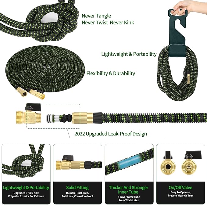 100 ft Garden Expandable Hoses - New Upgrated 2025 Flexible Water Hose - Kink-less Car Wash Pipes with Solid Brass Connector, Leakproof Lightweight Expanding Hoses for Yard,Outdoor