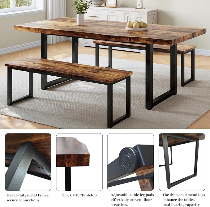 63" Dining Table with 2 Benches, Modern Kitchen Table and Chairs Set for 4 to 6 Persons, Thickened MDF Wooden Table for Dining Room, Kitchen