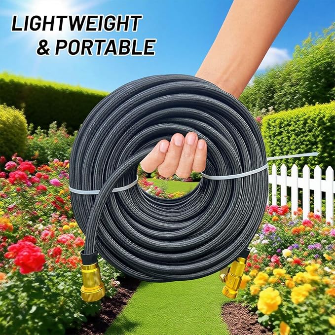 Non-Expandable Garden Hose 100 ft, Flexible Water Hose with 10 Function Nozzles, Leak-Proof Design High-Density Fabric&Shut-Off Valve, Hose Straps Garden Hose Pipe for Car Wash, Yard, Camper, Lawn