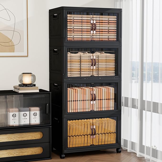 Storage Bins with Lids and Wheels, Collapsible Bathroom Storage Cabinet with Clear Doors, Plastic Stackable Closet Organizers and Storage Containers Black 942 QT