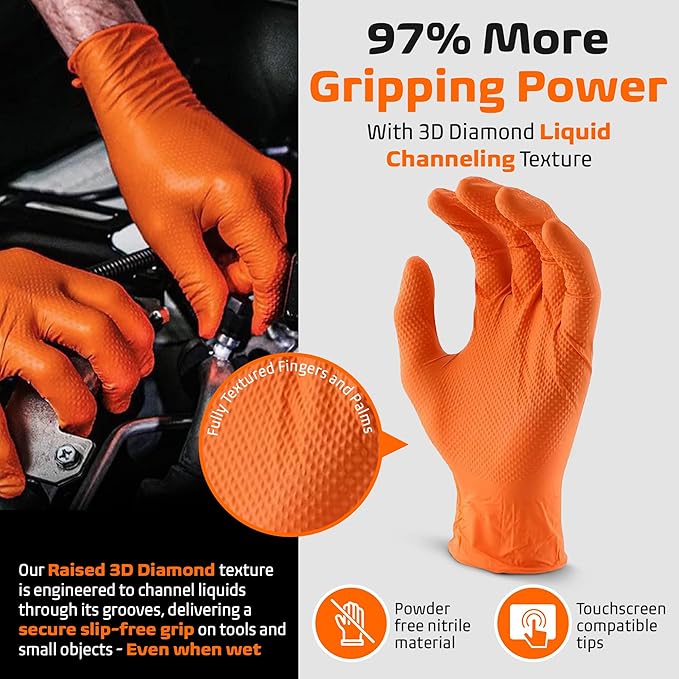 Orange Heavy Duty Nitrile Gloves - 8 Mil Textured Nitrile Gloves Disposable Latex Free