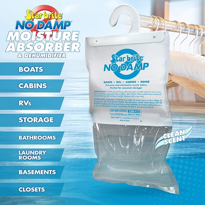STAR BRITE No Damp Moisture Absorber & Dehumidifier Hanging Bag - Simple, Portable, Humidity Control for Boats, RVs, Seasonal Homes & More - Prevent Odor & Moisture Damage - 16 OZ (085470)