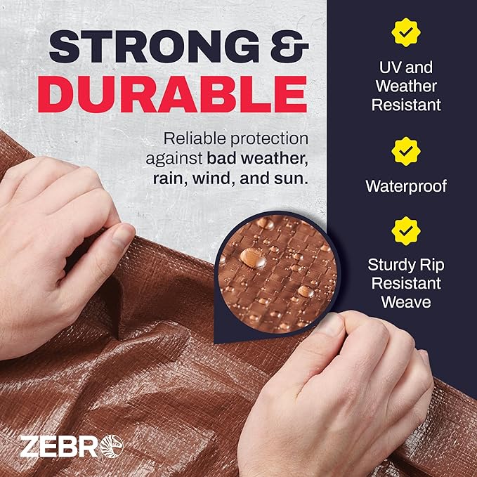 10' x 10' Brown Tarp with Grommets Reinforced - 5 Mil Thick - Durable UV Resistant Plastic Tarps Waterproof - Large Tarpaulin Cover for Outdoor Camping Over/Under Tent Tarp RV Roof Rain - Zebro