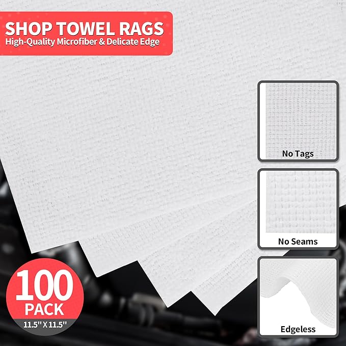 HOMERHYME White Microfiber Cleaning Cloths, 100 Pack Shop Towels Rags, Bulk Absorbent Lint-Free Detailing Cleaning Rags Microfiber Towels for Car Mechanic Automotive Garage Housekeeping, 11.5"*11.5"