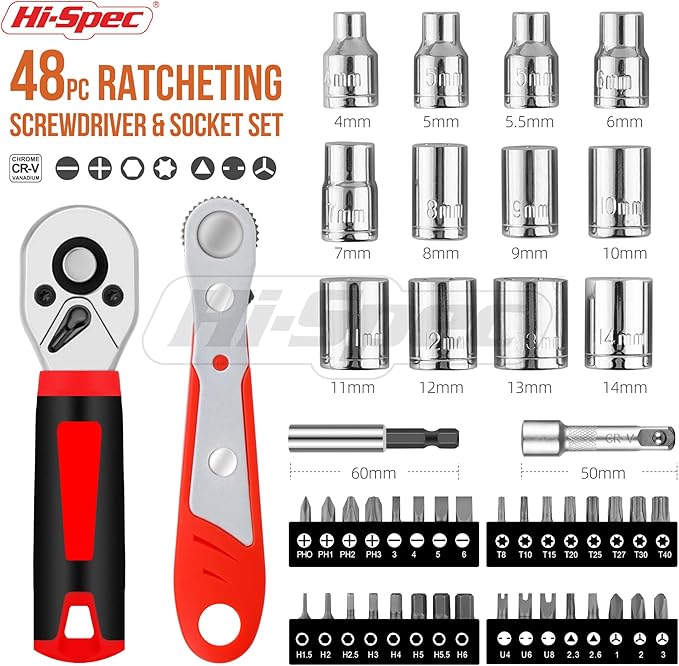 Hi-Spec 48pc Ratcheting Screwdriver & Socket Set, 1/4" Drive Mini Bit Ratchet and Quick-Release Ratchet, CR-V Sockets 4–14 mm, Security Bits in Portable Case