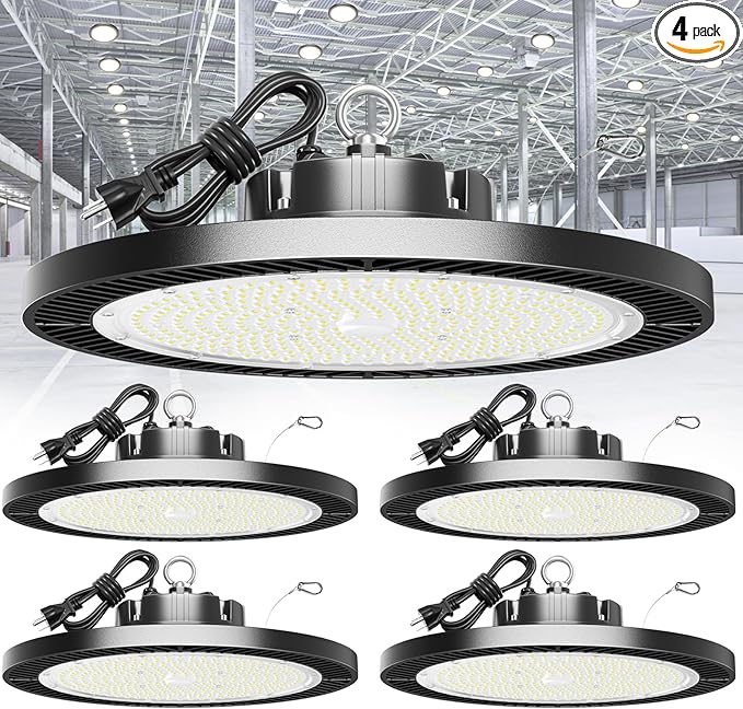 Super Bright 250w Ufo Led High Bay Light 4 Pack,5000k 35000lm High Bay Led Shop Lights With 5' Cable Plug,Hanging Shop Lights Garage Barn Lighting Light With Garage Workshop Factory Barn Warehouse