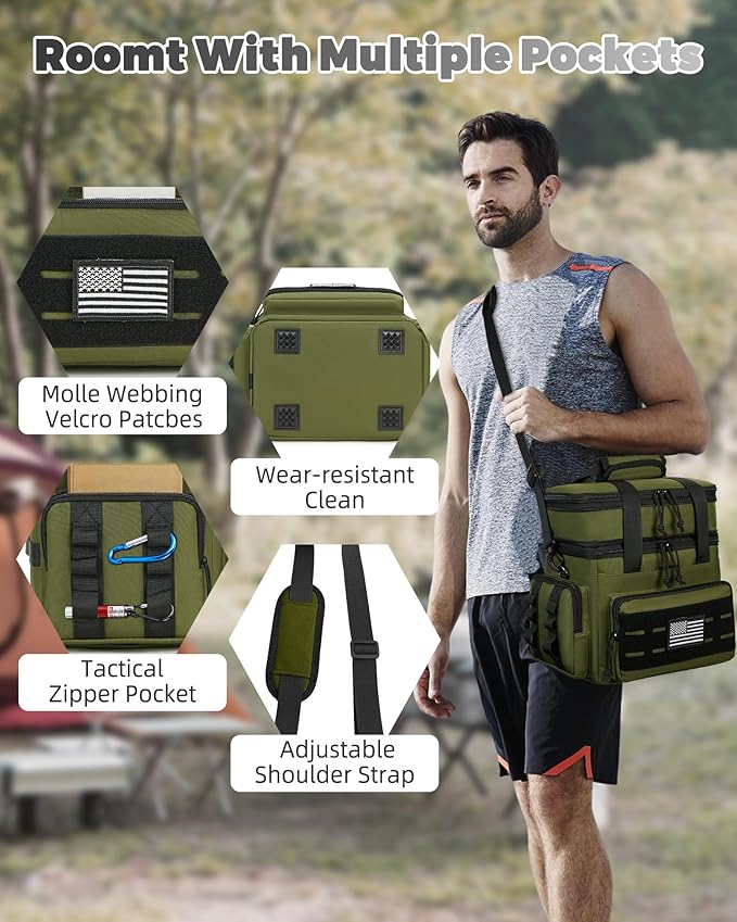 Tactical Lunch Bag & Lunch Box for Men - Large Double Deck Expandable Insulated Soft Adult Lunchbox for Work - Cooler Bag for Beach, Picnic, Camping,Outdoor，Travel (Green,16L)