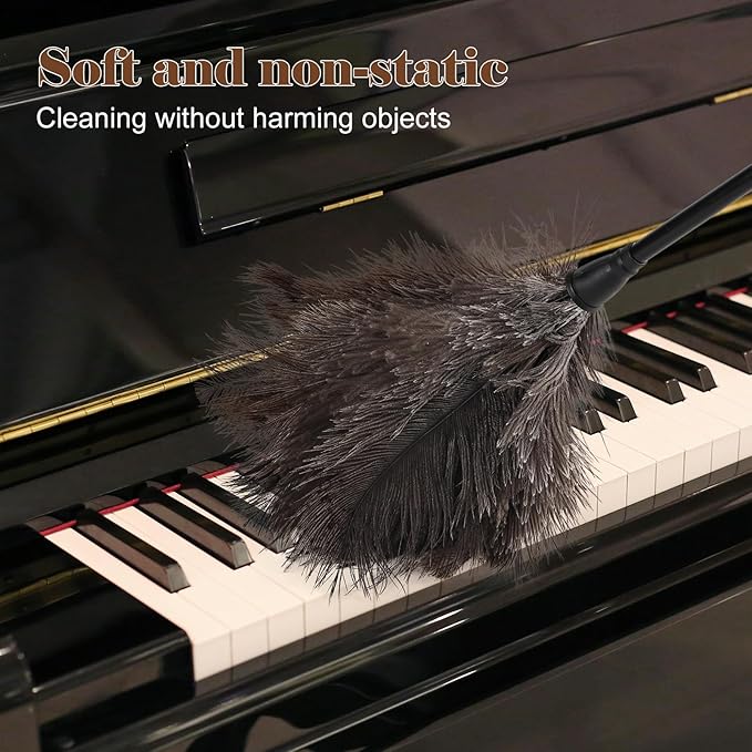 Natural Ostrich Feather Duster 14.9 inch Fluffy Mini Dusters with Plastic Handheld for Cleaning Car Keyboard Office 2 PCS