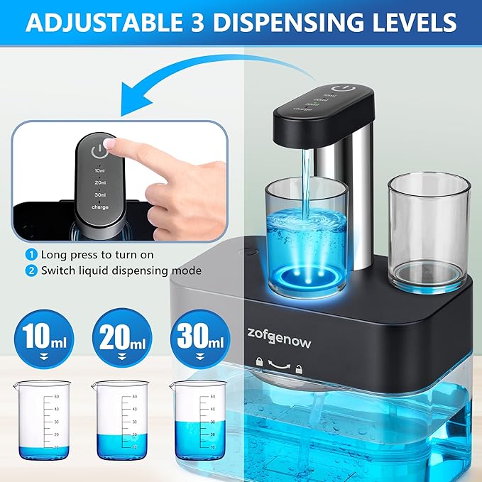 Upgraded Automatic Mouthwash Dispenser for Bathroom,Bathroom Accessories 17.6 FlOz Wall Mounted Dispensers with Magnetic Cups,Adjustable Dispensing Levels, Suitable for All Age Groups,Black