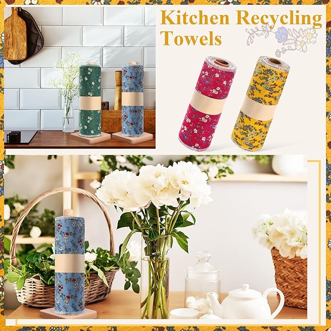 Redbaker 50 Pcs Reusable Paper Towels Paperless Reusable Cotton Cloths Toilet Absorbent Washable Paper Towels with Roll Kitchen Dishcloth for Kitchen Paperless Dishcloths(Daisy)