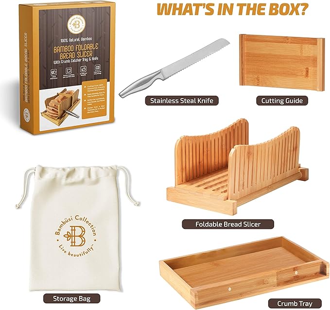 Bread Slicer for Homemade Bread - Adjustable Bamboo Bread Cutter with Knife, Foldable Slicing Guide & Crumb Tray - Bread Loaf Slicer for Sourdough, Cakes, Bagels, Loaves - Kitchen Baking Tool & Gift