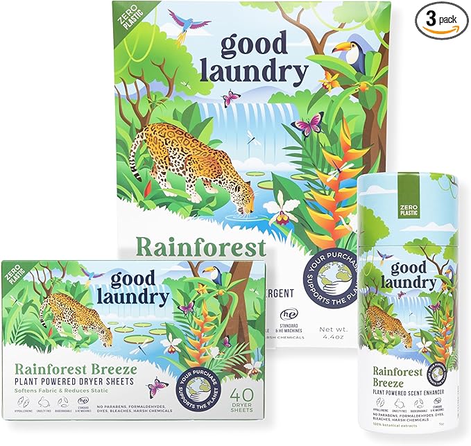 Good Laundry Rainforest Breeze Detergent Sheets, Scent Booster, & Dryer Sheet Bundle - No Plastic Jugs, Eco-Friendly, Zero Harsh Chemicals, Hypoallergenic - Based in the USA