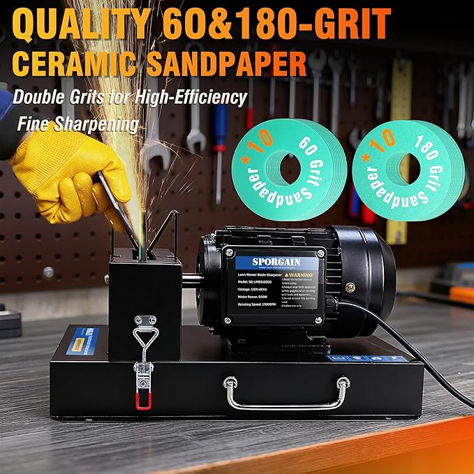 Lawn Mower Blade Sharpener 2/3 HP 500W, 7" Ceramic Wheel with 20 Sandpapers, Heavy-Duty Sharpening Machine for High/Low Lift, Gator & Flat Blades