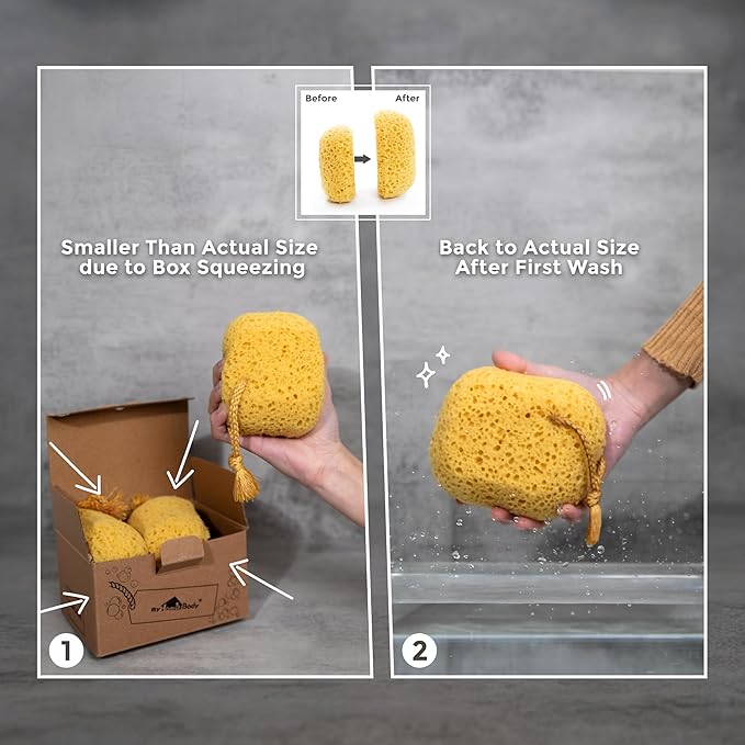 myHomeBody Bath Sponge, Foam Loofah, Body Scrubber for Bathing, Exfoliating Shower Pouf for Shower – Large Size, Lots of Lather, Curvy, 3 Pack