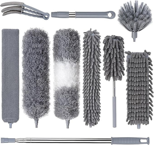 Dusters for Cleaning, Feather Duster Set, 10PCS Duster with Extension Pole Up to 100'' - Extendable, Bendable, and Washable for Ceilings, Chandeliers, and Furniture