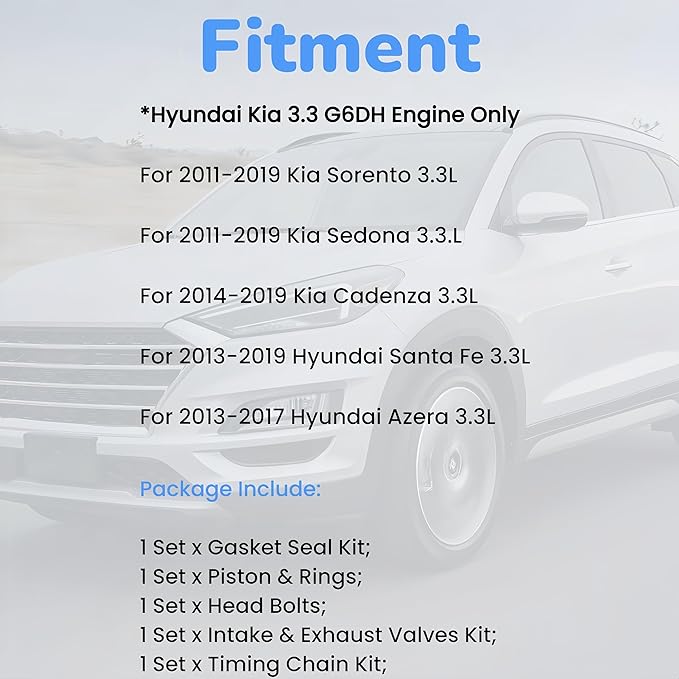 G6DH 3.3L Engine Rebuild Overhaul Kit w/Timing Chain Kit VVT Head Gasket Set Piston Kit Fit for Kia Sorento Sedona Cadenza Hyundai Santa Fe Azera 2011-2019 HSS4761A ES72366 222113C810 23122-3C400