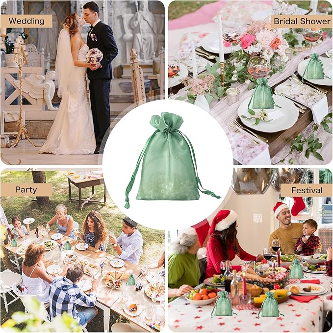 QIANF 20 Pcs Sage Green Small Organza Bags 3X4 inch for Wedding Favors with Drawstring, Mini Mesh Gift Bags Jewelry Pouch for Candy Bridal Shower Party Favor Baby Shower Christmas