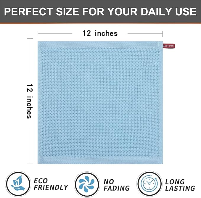 Kitinjoy 100% Cotton Kitchen Dish Cloths (12 X 12 Inches, Sky Blue),8 Pack Waffle Weave Ultra Soft Absorbent Dish Towels for Drying Dishes Quick Drying Kitchen Towels Dish Rags