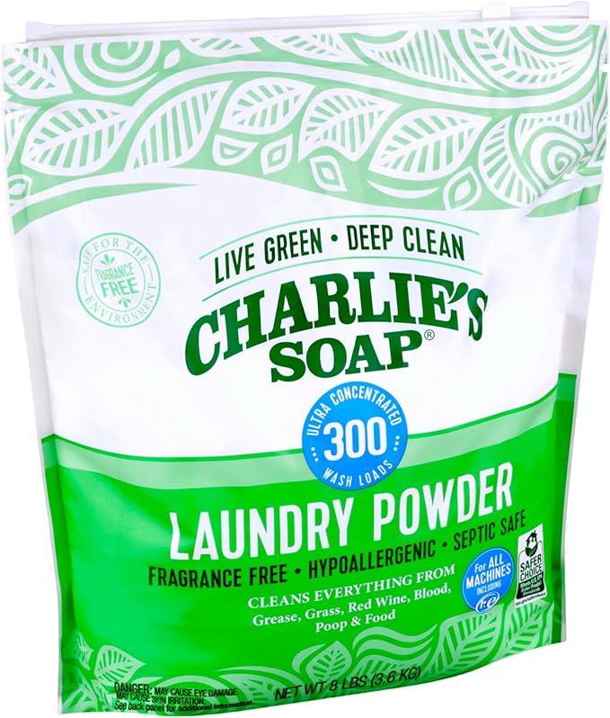 Charlie’s Soap Laundry Detergent Powder – 8 lb Bulk, Fragrance-Free, Hypoallergenic, Plant-Based, Biodegradable, Eco-Friendly, Deep Cleaning Powder for Sensitive Skin & HE Washers