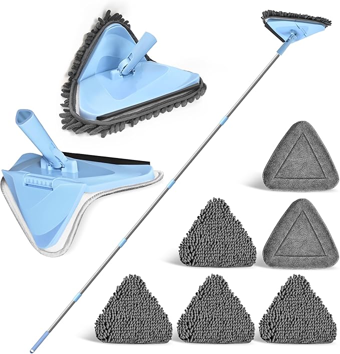 NEWE Wall Mop Cleaner with 80 Inches Long Handle, 180° Folding Ceiling Cleaning Tool with Squeegee, Triangle Baseboard Scrubber with 4 Chenille Duster and 2 Microfiber Pads for Washing Painted Walls
