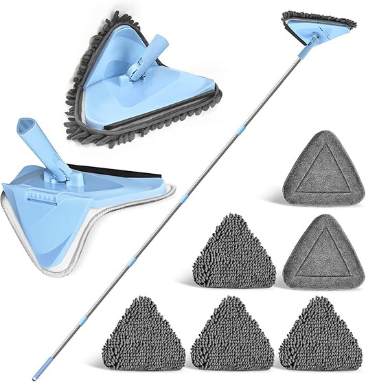 NEWE Wall Mop Cleaner with 80 Inches Long Handle, 180° Folding Ceiling Cleaning Tool with Squeegee, Triangle Baseboard Scrubber with 4 Chenille Duster and 2 Microfiber Pads for Washing Painted Walls