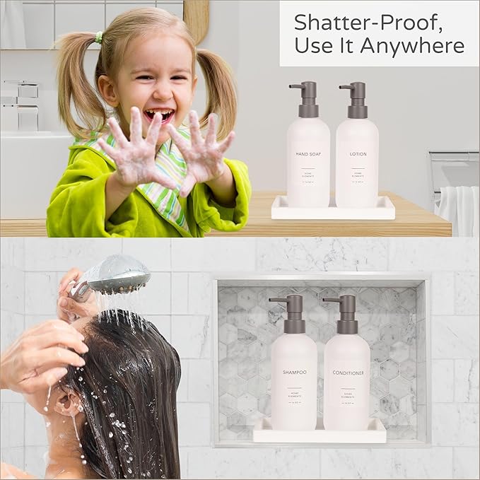 Plastic Soap Dispenser Set - PET Plastic Dish Soap Dispenser for Kitchen, Hand Soap Lotion Bottles with Pump Dispenser for Bathroom, Includes 8 Waterproof Labels, 16 oz, White Silicone Tray