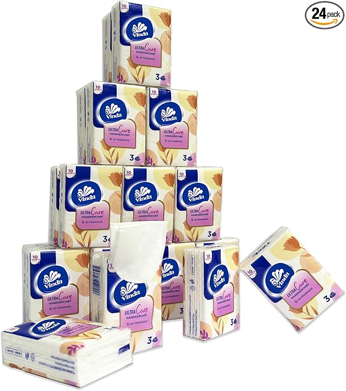 Vinda 3-Ply Mini Ultra Care Pocket Tissues, Portable Series Facial Tissue, Travel Size for Use In All Occasions (24 Packs of 10 Tissues)