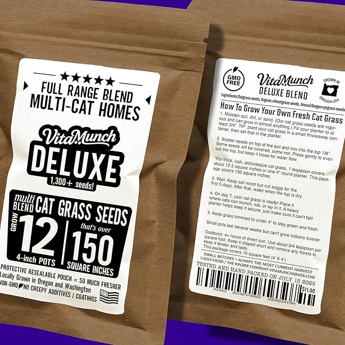 Cat Grass Seed Deluxe Non-GMO Blend Cats Love + Grows 12 Pots (Over 150 Sq in) Ready in 5 Days + Full Range of Tastes/Textures The Whole Crew Will Enjoy +Trusted by Vets for Indoor Cats –1300+ Seeds